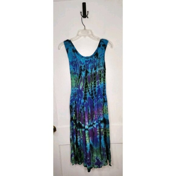 Advance Apparels Dress One Size Fits Most Smocked Waist Blue Purple Tie Dye Boho - Picture 1 of 6